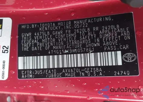 2022 Toyota Camry Se z USA, uszkodzony, nr VIN 4T1G11AK9NU057861